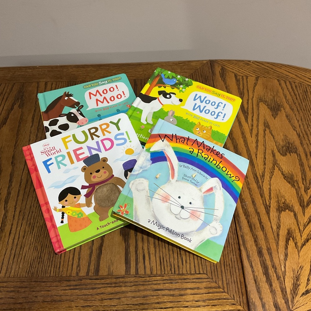4 Board Books: Moo Moo, Woof, Woof, Furry Friends & What Makes a Rainbow